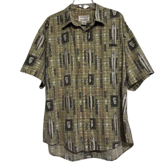 Vintage 90s Weathered Dye Crossings Button-up Shirt Men's XL Brown Green Tribal - Picture 9 of 13